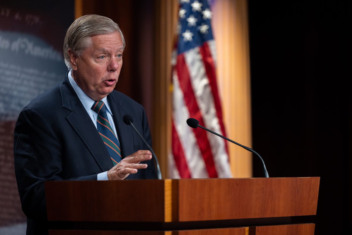 Senator Lindsey Graham during a news conference on a bill to designate Russia a state sponsor of terror at the US Capitol on July 28, 2022 in Washington, DC.[Nathan Posner/Anadolu Agency]
