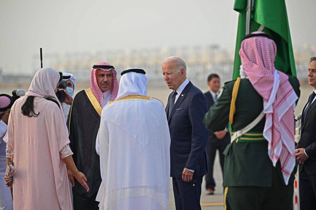 US President Joe Biden is welcomed at the King Abdulaziz International Airport in the Saudi coastal city of Jeddah on 15 July 2022 [MANDEL NGAN/AFP/Getty Images]