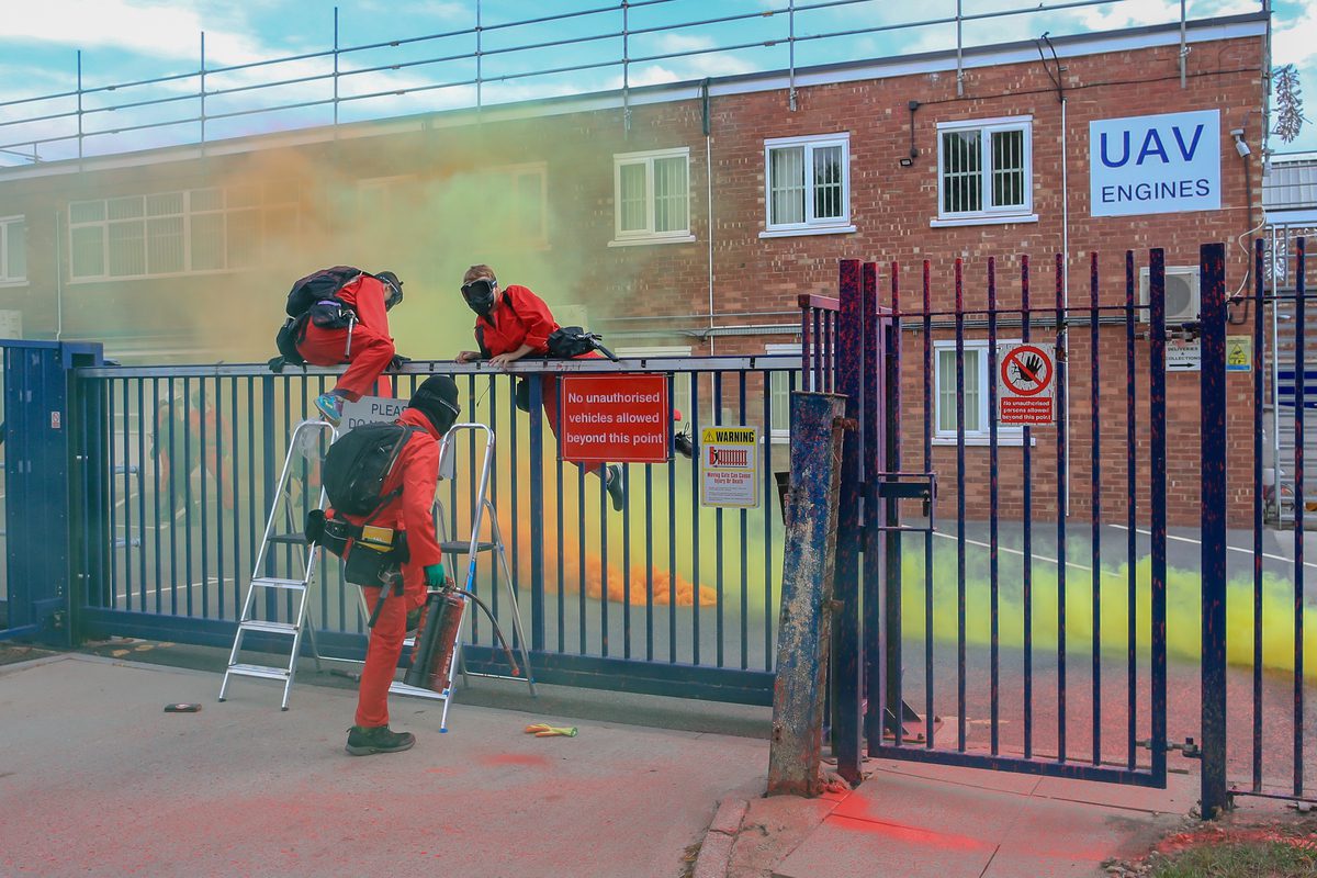 Activists during a protest in which they entered the UAV Engines facilities building in Shenstone, Birmingham, 24 July 2022 [VX Photo/ Vudi Xhymshiti]