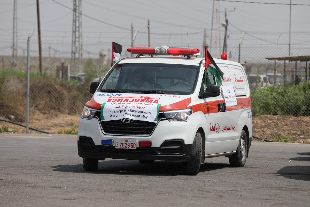 Ambulance workers on 31 August 2022 staged a protest in Gaza calling for an end to Israel's 15-year siege which is costing Palestinians their lives as they cannot access medical care [ Mohammed Asad/Middle East Monitor]