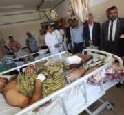 EU delegation in Gaza meets Palestinians wounded in latest Israel strikes, on 16 August 2022 [Mohammed Asad/Middle East Monitor]