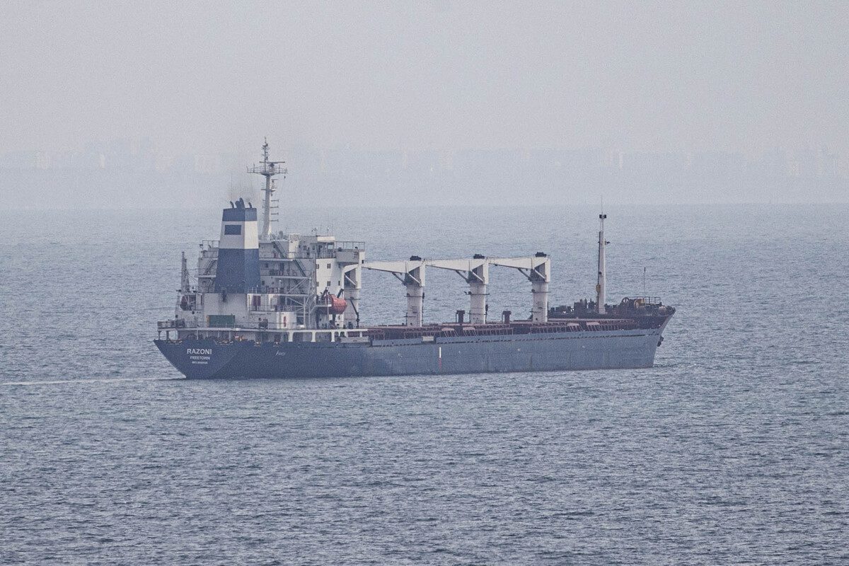 Sierra Leone-flagged dry cargo ship Razoni departs from port of Odesa in Odessa, Ukraine on August 01, 2022 as part of a recent grain export deal signed between Turkiye, the UN, Russia, and Ukraine and expected to reach Istanbul [Metin Aktaş - Anadolu Agency]