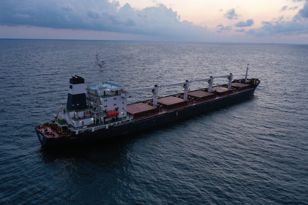 An aerial view of Sierra Leone-flagged dry cargo ship Razoni, carrying a cargo of 26,527 tons of corn, departed from the port of Odessa arrives at the Black Sea entrance of the Bosphorus Strait, in Istanbul, Turkiye. [Lokman Akkaya - Anadolu Agency]