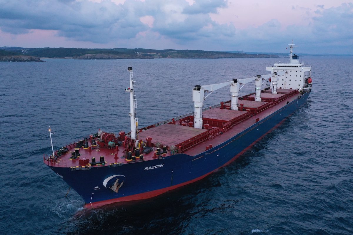 Cargo ship Razoni, carrying a cargo of 26,527 tons of corn, departed from the port of Odessa arrives at the Black Sea entrance of the Bosphorus Strait, in Istanbul, Turkiye on August 03, 2022 [Lokman Akkaya/Anadolu Agency]