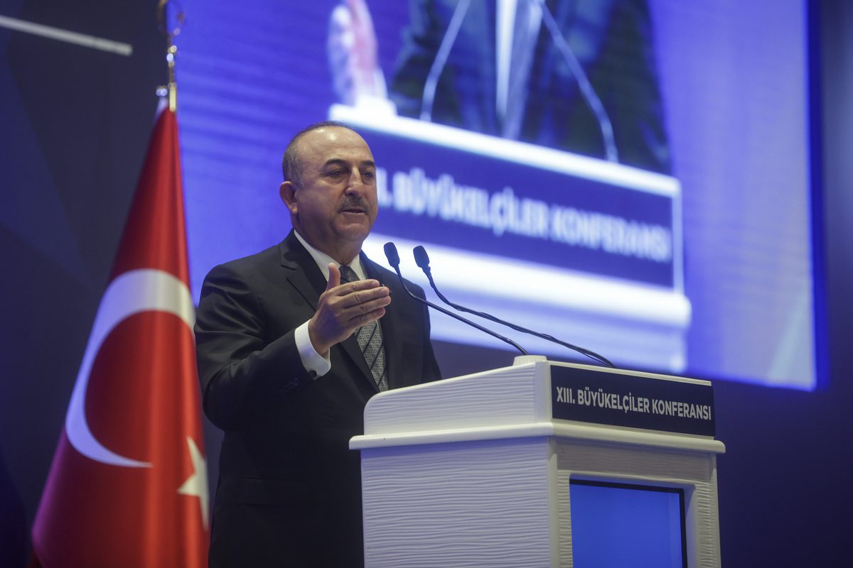 ANKARA, TURKIYE - AUGUST 08: Turkish Foreign Minister Mevlut Cavusoglu speaks during the 13th Ambassadors Conference in Ankara, Turkiye on August 08, 2022. ( Esra Hacioğlu Karakaya - Anadolu Agency )