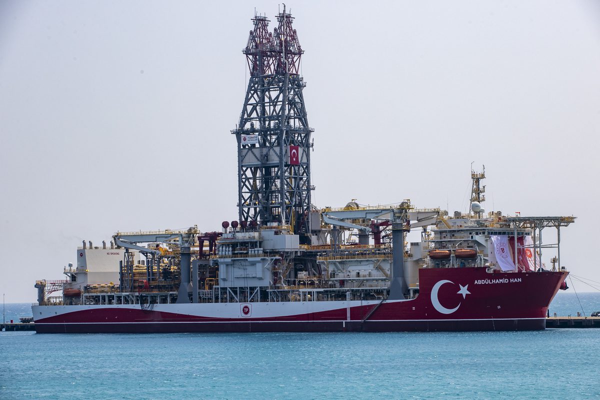 Abdulhamid Han drillship anchored off Port of Tasucu of Mersin, Turkiye as drillship to be set off from the port city of Mersin, Turkiye to begin hydrocarbon exploration in the Mediterranean Sea on August, 09, 2022. Abdulhamid Han drill ship's mission to be operated by the state energy company Turkish Petroleum Corporation (TPAO) [Emin Sansar - Anadolu Agency]