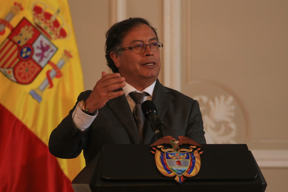 The Colombian President, Gustavo Petro, speaks to the media as Spain's Prime Minister Pedro Sanchez, during a joint statement at the Narino Presidential Palace in Bogota, Colombia on August 24, 2022. [Juancho Torres - Anadolu Agency]