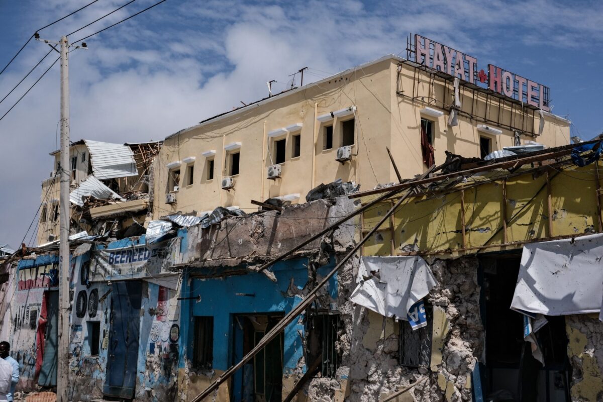 Destored buildings are seen after a deadly 30-hour siege by Al-Shabaab jihadists at Hayat Hotel in Mogadishu on August 21, 2022. - At least 13 civilians lost their lives and dozens were wounded in the gun and bomb attack by the Al-Qaeda-linked group that began on Friday evening and lasted over a day, leaving many feared trapped inside the popular Hayat Hotel. (Photo by Hassan Ali ELMI / AFP) (Photo by HASSAN ALI ELMI/AFP via Getty Images)