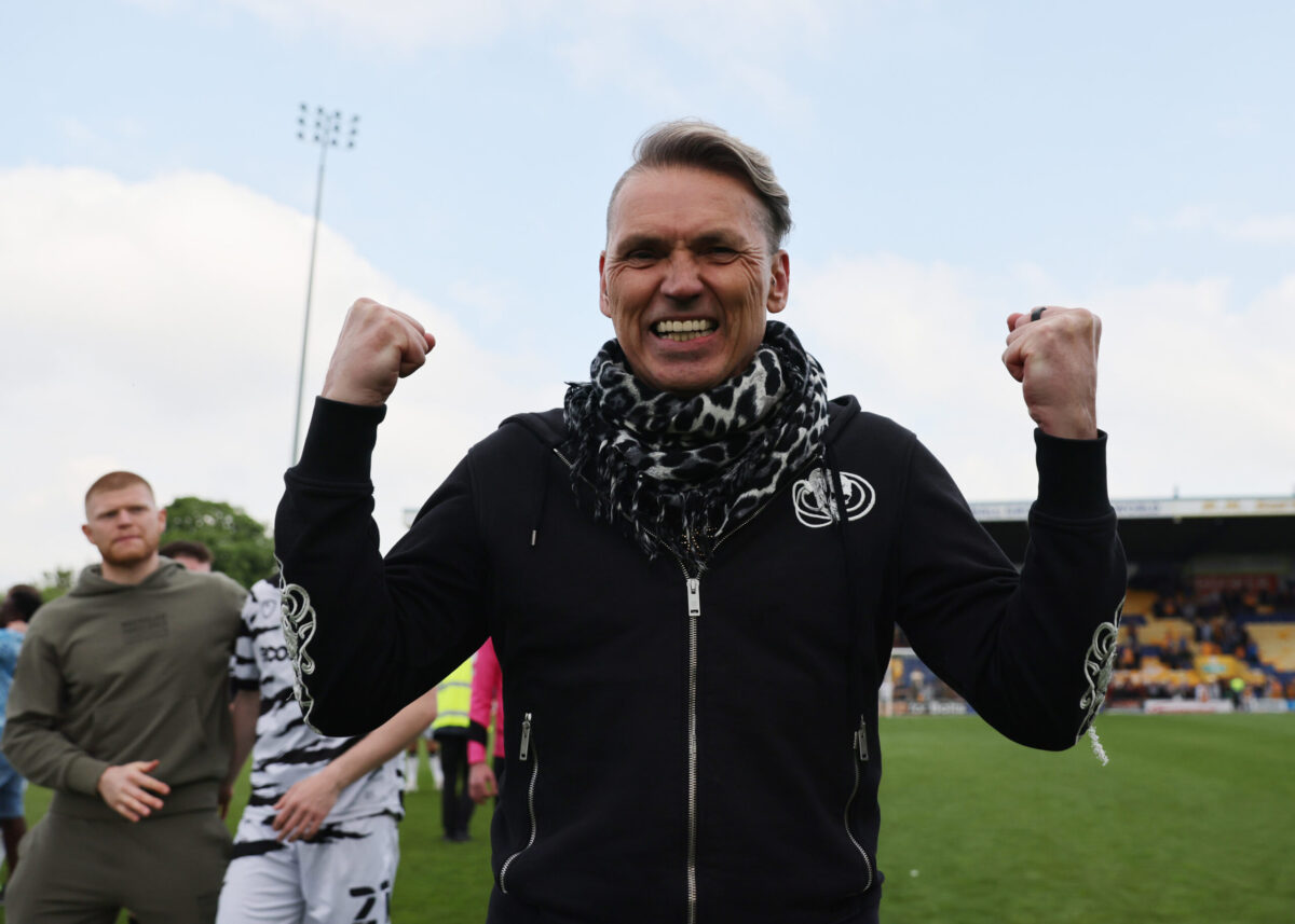 MANSFIELD, ENGLAND - MAY 07: Dale Vince, Owner of Forest Green Rovers celebrates after their sides victory and promotion as League 2 champions during the Sky Bet League Two match between Mansfield Town and Forest Green Rovers at One Call Stadium on May 07, 2022 in Mansfield, England. (Photo by Matthew Lewis/Getty Images)