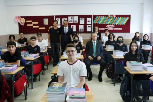 Turkish President Recep Tayyip Erdogan visits classes after an opening event for the beginning of the 2022-2023 academic year, at Sancaktepe Arif Nihat Asya High School in Istanbul, Turkiye on September 12, 2022. [Murat Kula - Anadolu Agency]