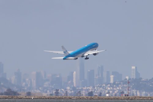 A KLM Airlines plane takes off at San Francisco International Airport (SFO) in San Francisco, California, United States on September 15, 2022. [Tayfun Coşkun - Anadolu Agency]