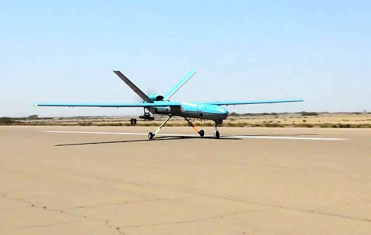 A handout picture provided by the Iranian Army's official website on September 11, 2020, shows an Iranian Simorgh drone during the second day of a military exercise in the Gulf, near the strategic strait of Hormuz in southern Iran. - The Iranian navy began on September 10 a three-day exercise in the Sea of Oman near the strategic Strait of Hormuz, deploying an array of warships, drones and missiles. One of the exercise's objectives is to devise "tactical offensive and defensive strategies for safeguarding the country's territorial waters and shipping lanes," the military said on its website. - XGTY / === RESTRICTED TO EDITORIAL USE - MANDATORY CREDIT "AFP PHOTO / HO / Iranian Army website" - NO MARKETING NO ADVERTISING CAMPAIGNS - DISTRIBUTED AS A SERVICE TO CLIENTS === (Photo by Iranian Army office / AFP) / XGTY / === RESTRICTED TO EDITORIAL USE - MANDATORY CREDIT "AFP PHOTO / HO / Iranian Army website" - NO MARKETING NO ADVERTISING CAMPAIGNS - DISTRIBUTED AS A SERVICE TO CLIENTS === / XGTY / === RESTRICTED TO EDITORIAL USE - MANDATORY CREDIT "AFP PHOTO / HO / Iranian Army website" - NO MARKETING NO ADVERTISING CAMPAIGNS - DISTRIBUTED AS A SERVICE TO CLIENTS === (Photo by -/Iranian Army office/AFP via Getty Images)