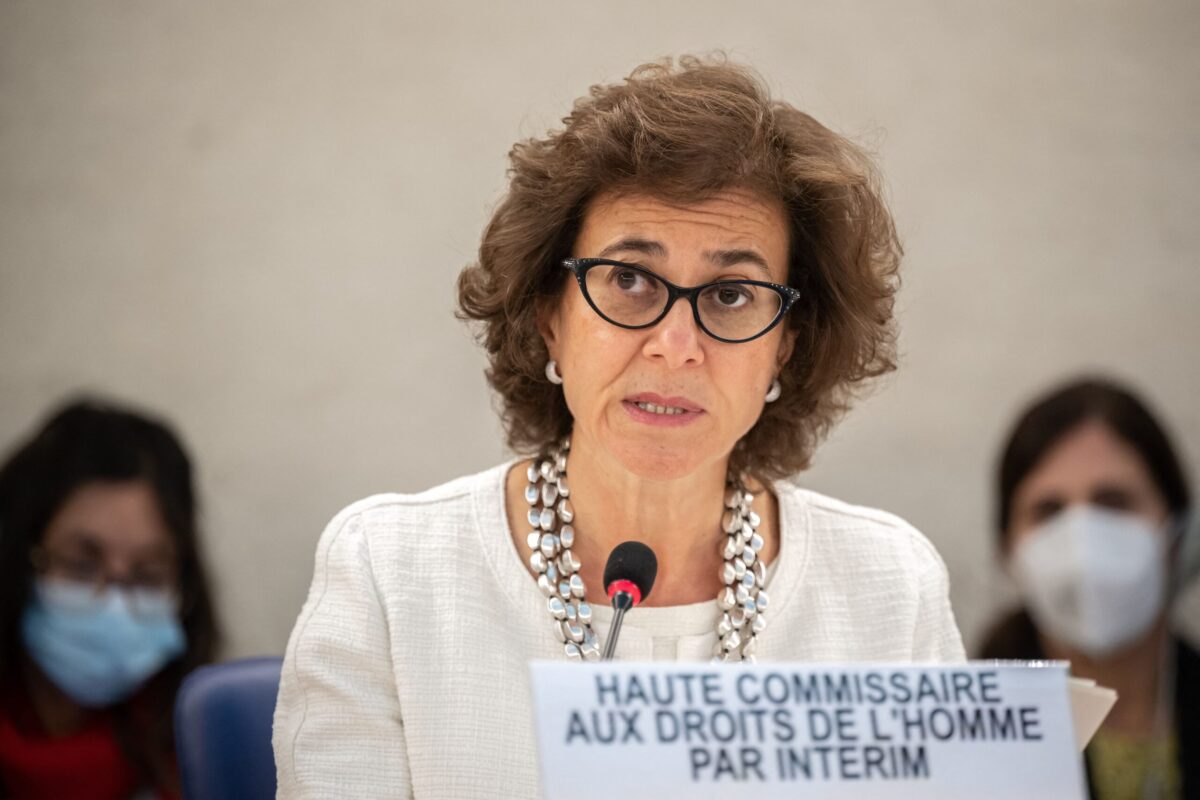 United Nations Acting High Commissioner for Human Rights Nada al-Nashif delivers a speech during the opening day of the 51st session of the UN Human Rights Council at the UN offices in Geneva on September 12, 2022. (Photo by Fabrice COFFRINI / AFP) (Photo by FABRICE COFFRINI/AFP via Getty Images)