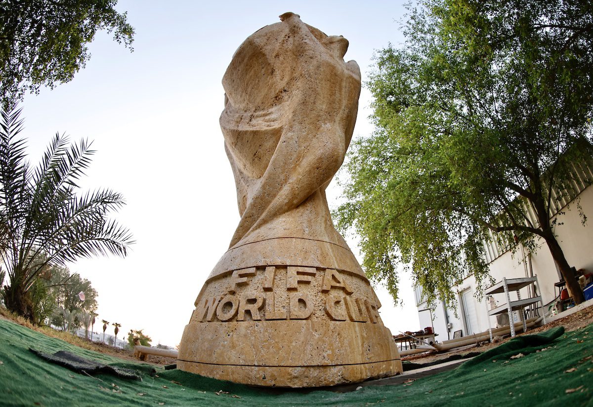 A general view of the "World Cup" statue, made by Turkish sculptors with the initiative of Qatari businessman Hamad Al Suwaidi to support the 2022 FIFA World Cup in Doha, Qatar on October 08, 2022. [Mohammed Dabbous - Anadolu Agency]