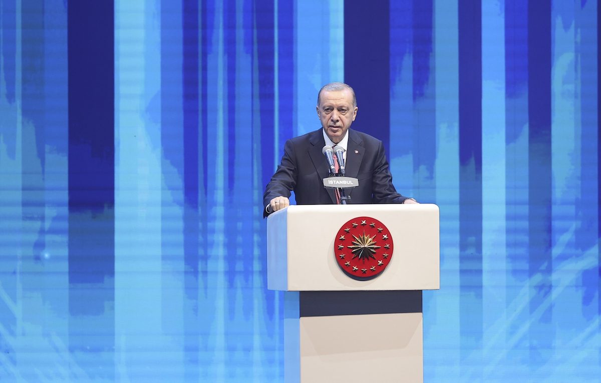 Turkish President Recep Tayyip Erdogan attends TUGVA's 5th Ordinary General Assembly and 6th Youth Meeting in Istanbul, Turkiye on October 09, 2022. [Arif Hüdaverdi Yaman - Anadolu Agency]