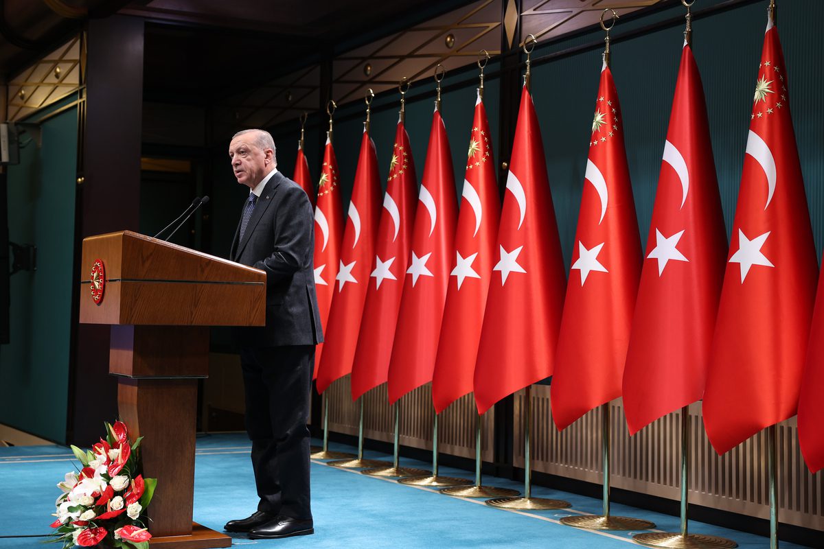 Turkish President Recep Tayyip Erdogan presents statements after the Cabinet meeting in Ankara, Turkiye on October 10, 2022. [Murat Kula - Anadolu Agency]