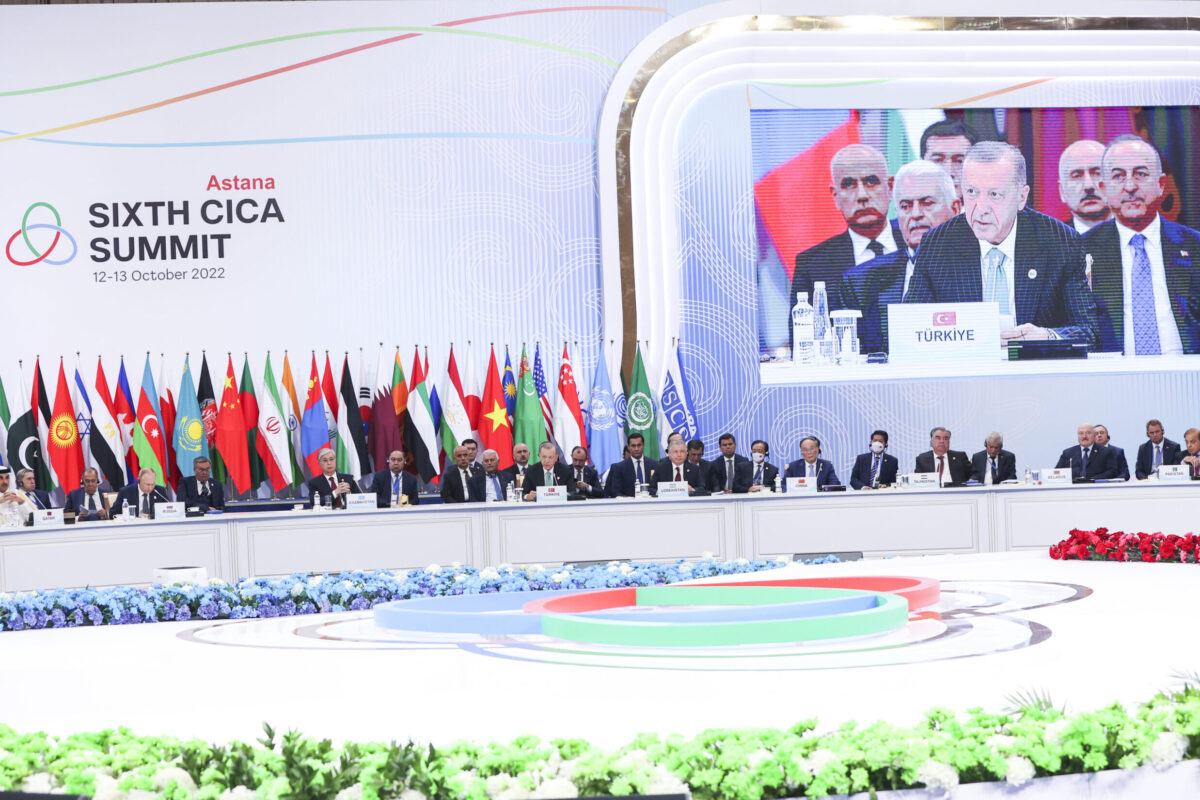 Turkish President Recep Tayyip Erdogan (2nd R) speaks during the Conference on Interaction and Confidence Building Measures in Asia (CICA) in Astana, Kazakhstan on October 13, 2022 [Murat Kula/Anadolu Agency]