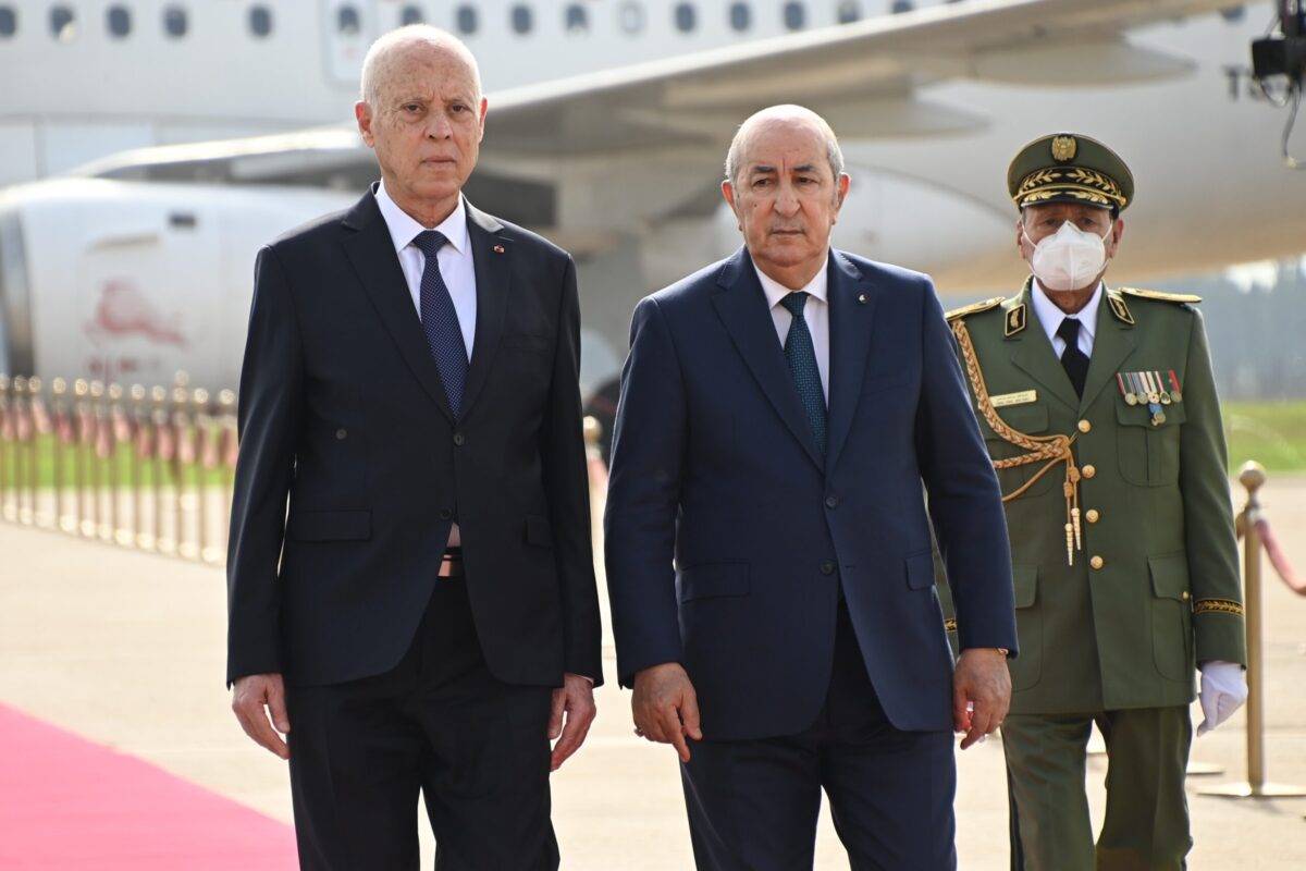 Tunisian President Kais Saied is welcomed by Algerian President Abdelmadjid Tebboune at the Houari Boumediene Airport in Algiers, Algeria on November 01, 2022. Algerian Presidency/Anadolu Agency]