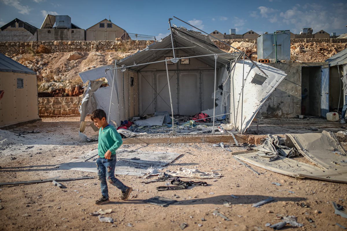 A view of the damaged Maram camp, hosting internally displaced civilians, after the cluster bomb attack carried out by Assad regime forces in Idlib, Syria on November 06, 2022 [Muhammed Said/Anadolu Agency]