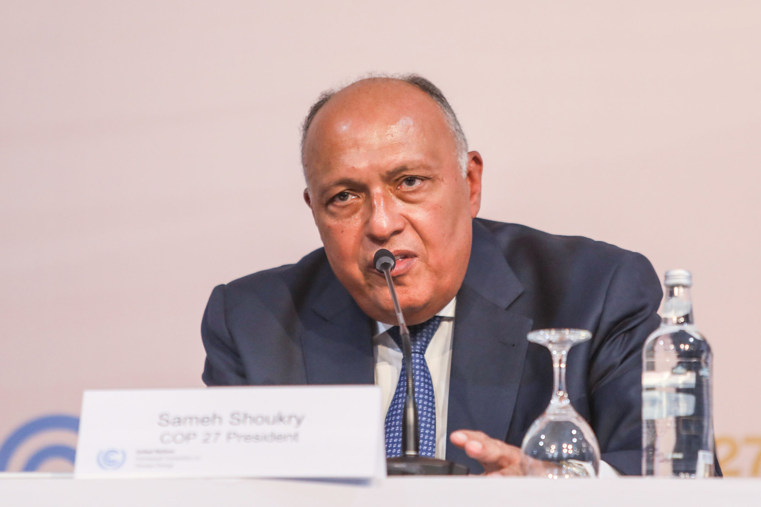 COP27 President Sameh Shoukry speak during a news conference following the opening ceremony of the 2022 United Nations Climate Change Conference at Sharm El Sheikh, Egypt [Mohamed Abdel Hamid/Anadolu Agency]