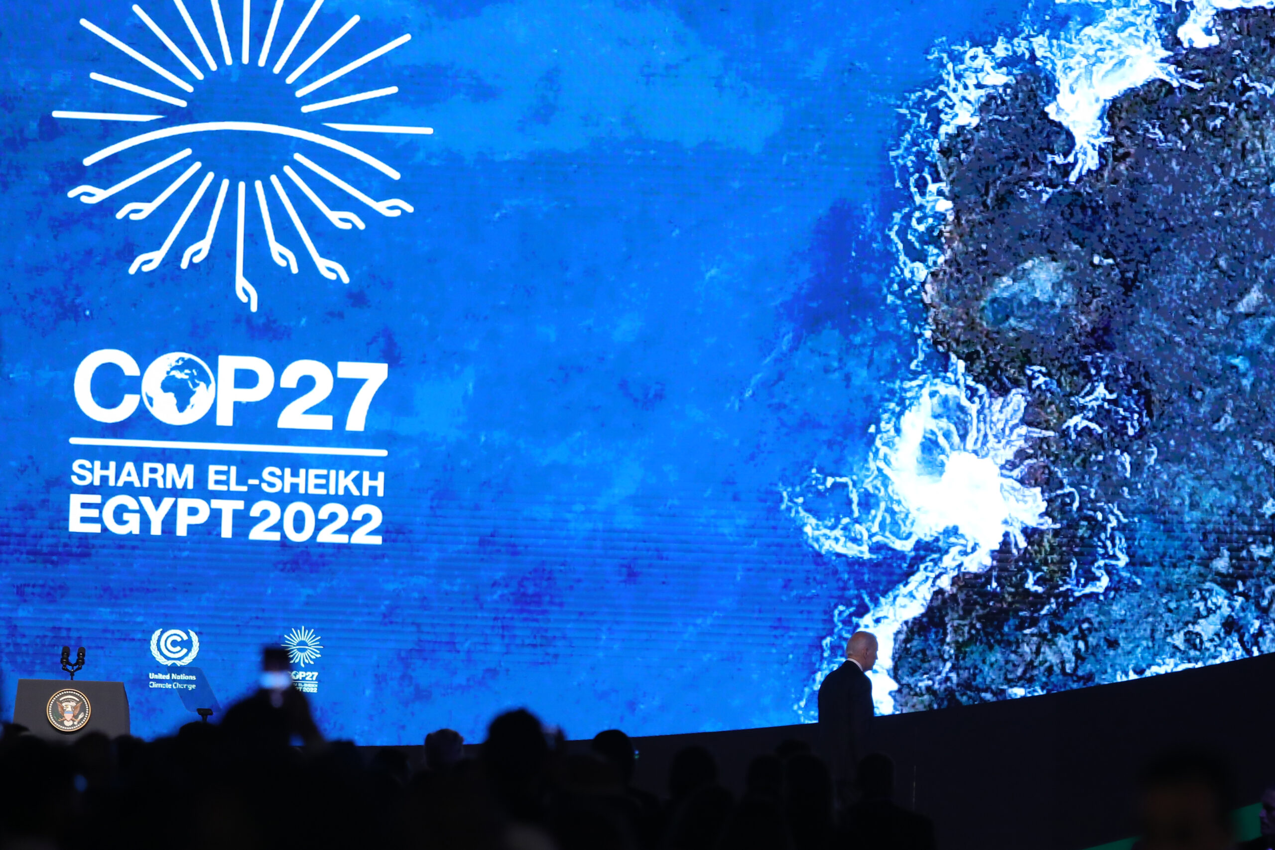 US President Joe Biden leaves after delivers a speech during the 2022 United Nations Climate Change Conference, more commonly known as COP27, at the Sharm El Sheikh International Convention Centre, in Egypt's Red Sea resort of Sharm El Sheikh, Egypt on November 11, 2022. [ Mohamed Abdel Hamid - Anadolu Agency]