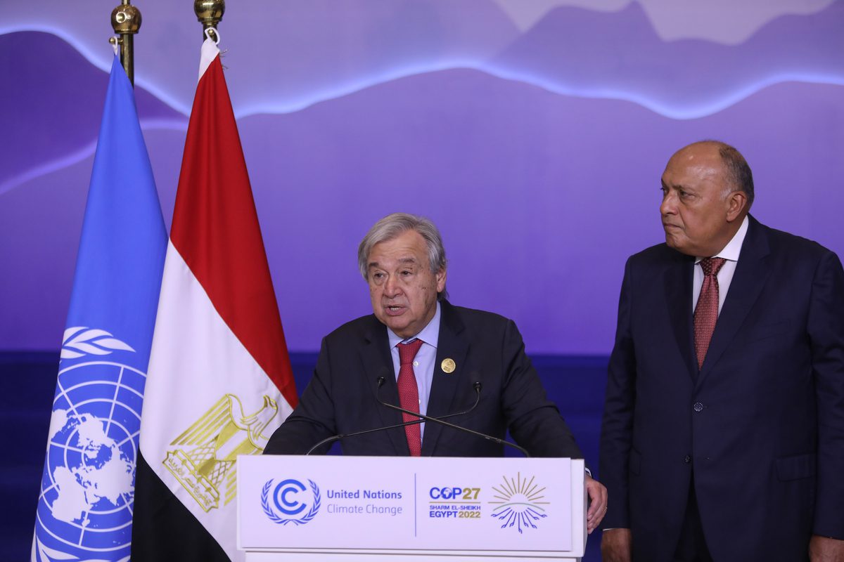 UN Secretary-General Antonio Guterres and Egyptian Foreign Minister Samih Shukri hold a joint news conference as part of the UN climate summit COP27 is being held in Sharm el-Sheikh, Egypt on November 17, 2022. [Mohamed Abdel Hamid - Anadolu Agency]