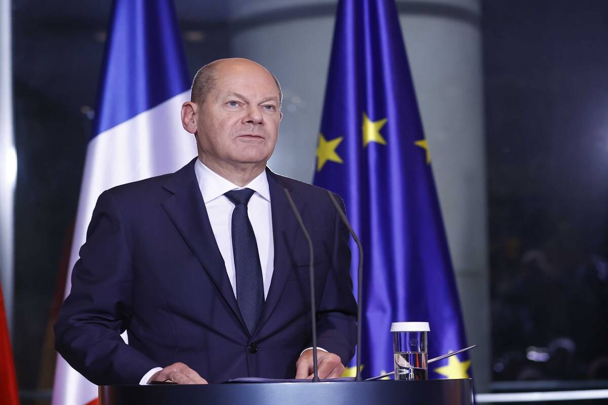 German Chancellor Olaf Scholz gives a speech at the Chancellery in Berlin, Germany. [Abdulhamid Hoşbaş - Anadolu Agency]