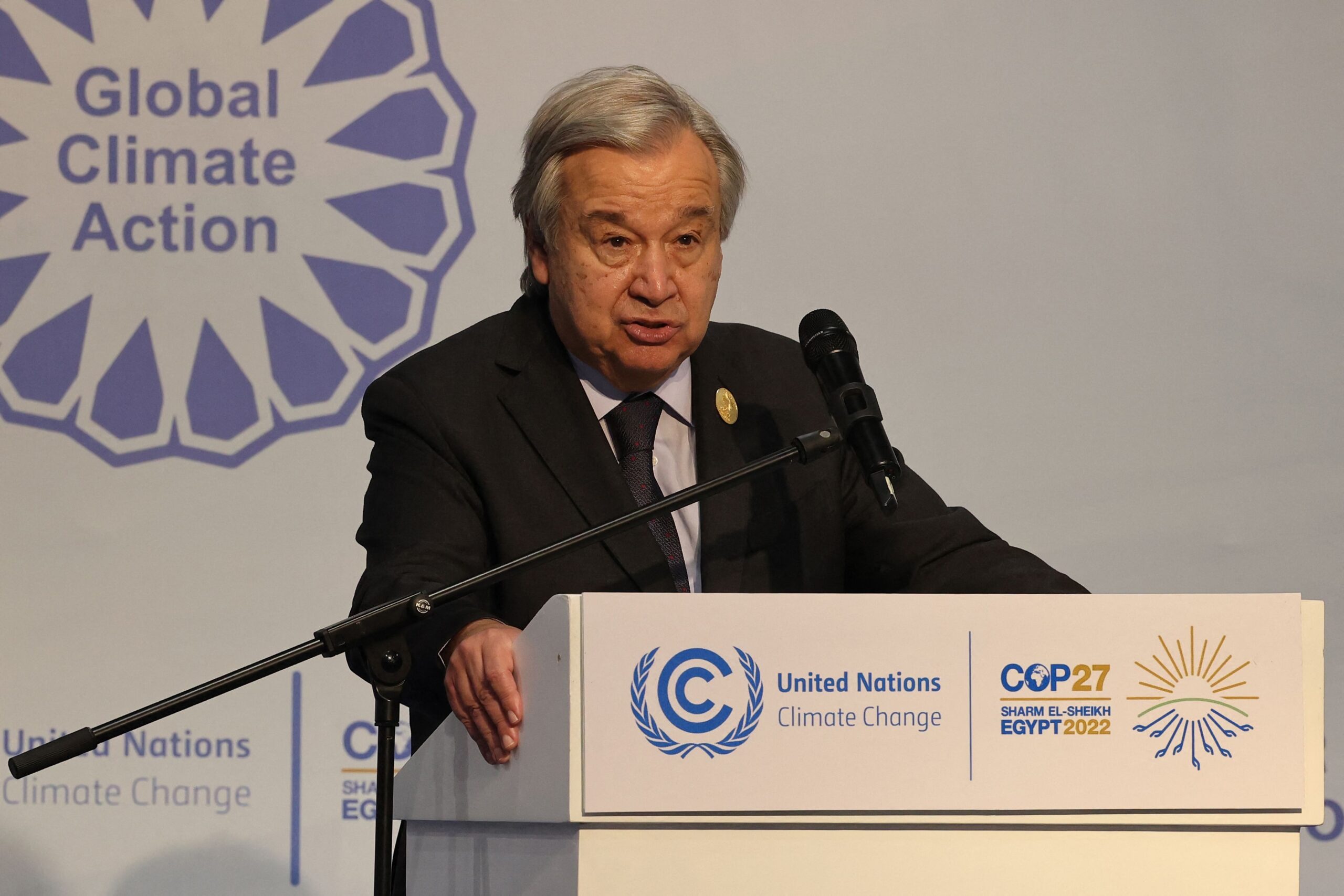 United Nations Secretary General Antonio Guterres speaks during a UN expert panel at the COP27 on November 8, 202 [JOSEPH EID/AFP via Getty Images]