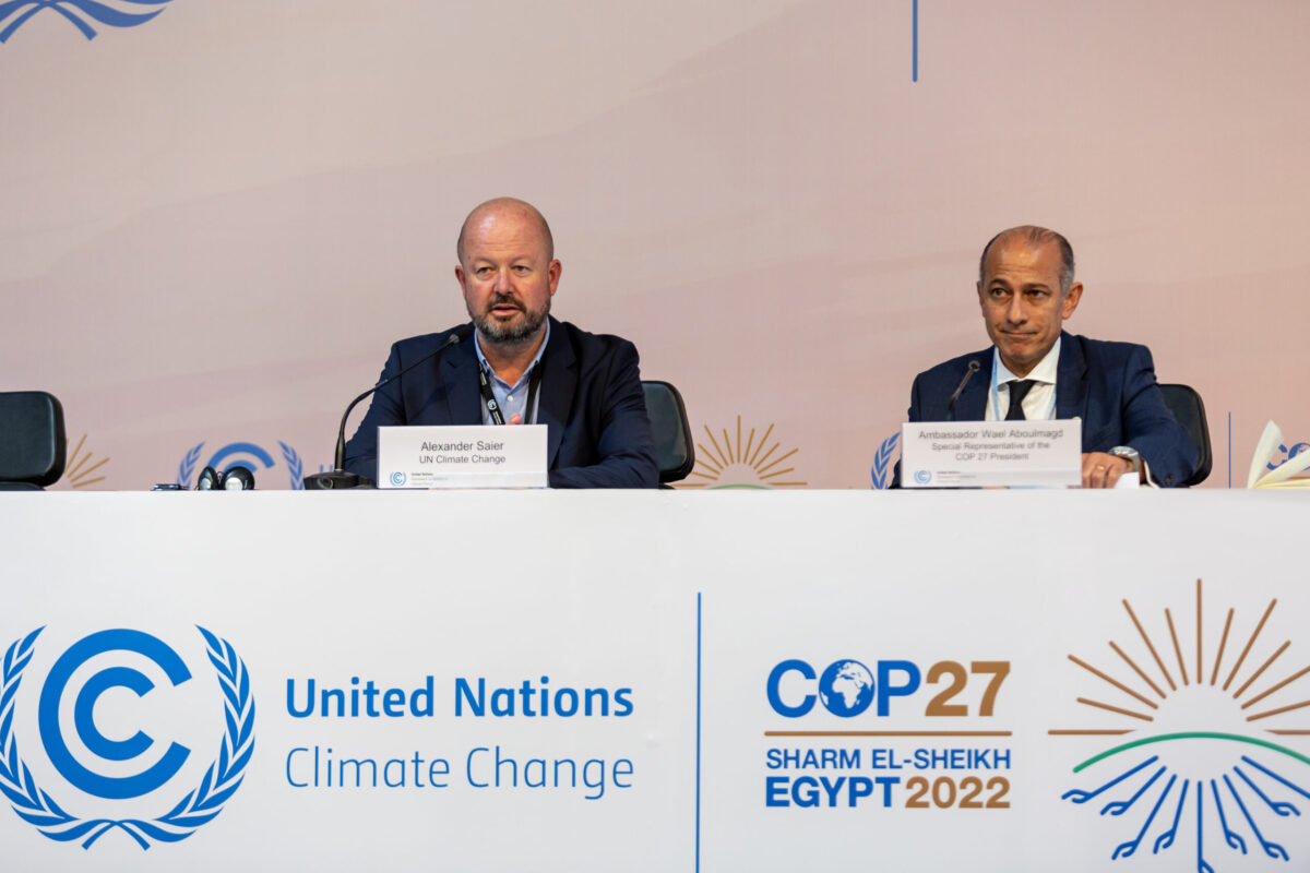 Alexander Saier of UNFCCC and Ambassador Wael Aboulmagd, Special Representative of the COP27 Presidency on November 12, 2022 [Dominika Zarzycka/NurPhoto via Getty Images]