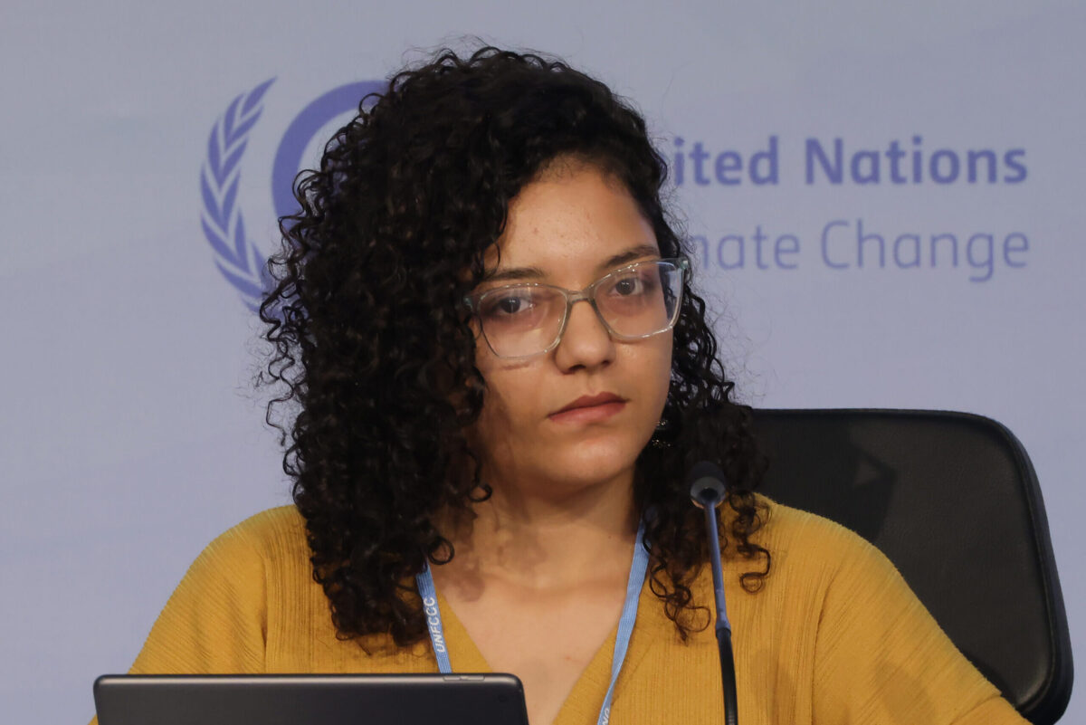 Sanaa Seif, sister of dissident Alaa Abdel-Fattah, who is on a hunger strike while imprisoned in Egypt, speaks at a press conference at the UNFCCC COP27 climate conference on November 08, 2022 in Sharm El Sheikh, Egypt [Sean Gallup/Getty Images]