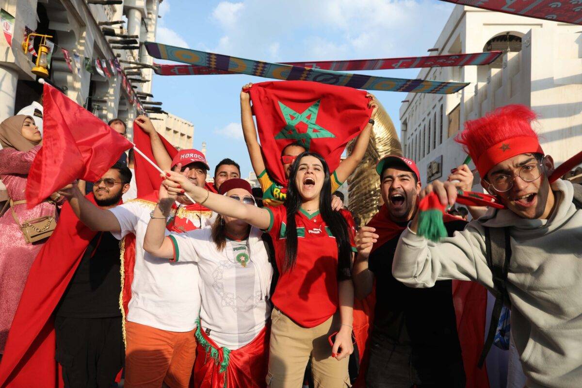 Fans of Morocco show their support ahead of the FIFA World Cup Qatar 2022 3rd Place Match between Croatia and Morocco at Souq Waqif of Doha, Qatar on December 17, 2022 [Ashraf Amra/Anadolu Agency]