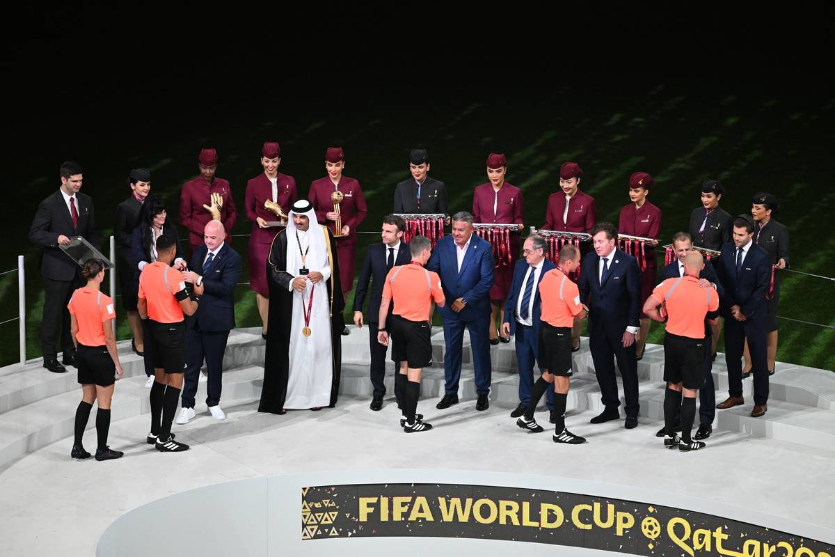 A view of the stage ahead of the World Cup trophy ceremony at Lusail Stadium in Lusail City, Qatar on December 18, 2022 [Erçin Ertürk/Anadolu Agency]