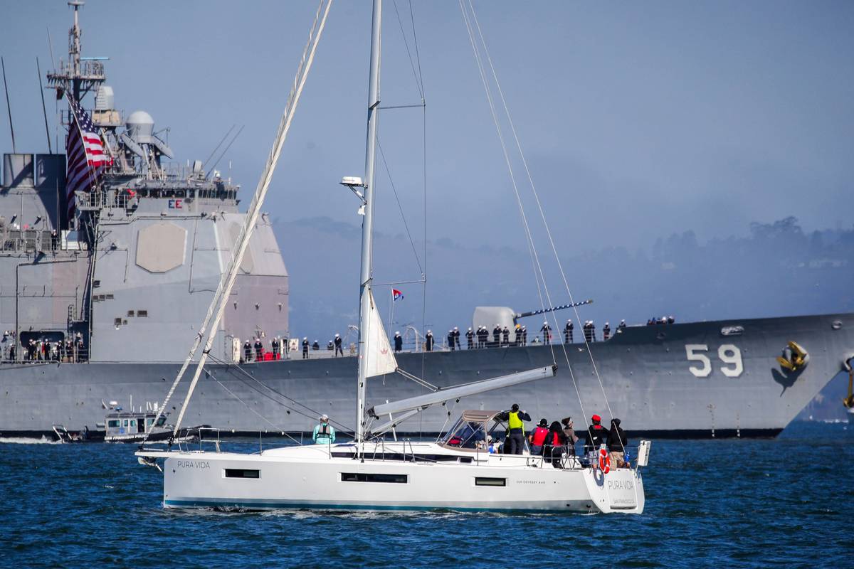 USS Princeton ship sails past a yacht with spectators during the parade of ships as part of the Fleet Week festivities in San Francisco, Calif. [Photo by Ray Chavez/MediaNews Group/The Mercury News via Getty Images]