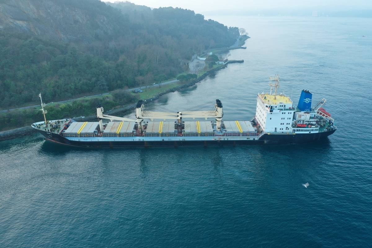 An aerial view of the Bosphorus Strait after a cargo ship ran aground, in Istanbul, Turkiye on January 16, 2023. [Oğuz Yeter - Anadolu Agency]