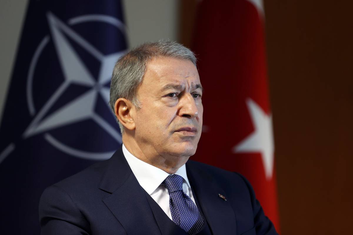 Turkish National Defense Minister Hulusi Akar speaks to press after attending the Ukraine Defense Contact Group meeting at the Ramstein Air Base in Rhineland-Palatinate, southwestern Germany on January 20, 2023. [Arif Akdoğan - Anadolu Agency]