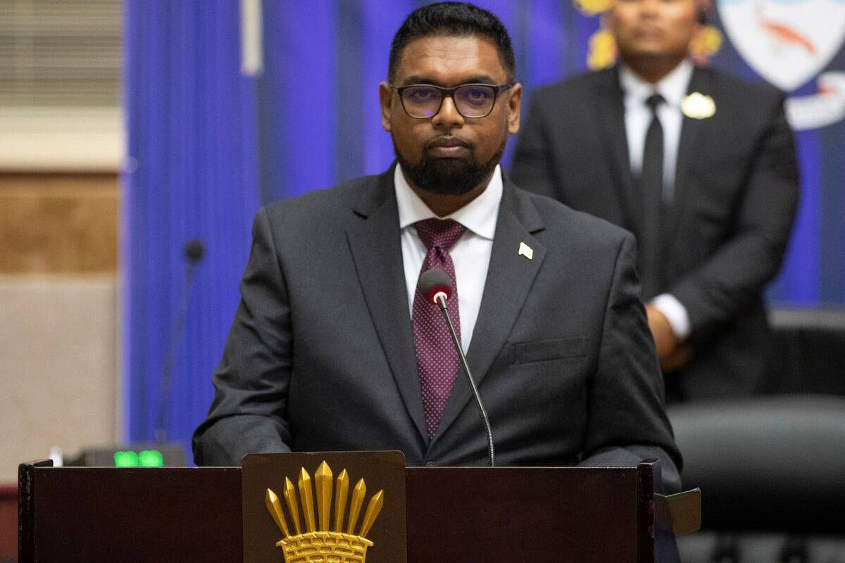 Guyana's President Mohamed Irfaan Ali gives a speech in Georgetown, Guyana. [Photo by KENO GEORGE/AFP via Getty Images]