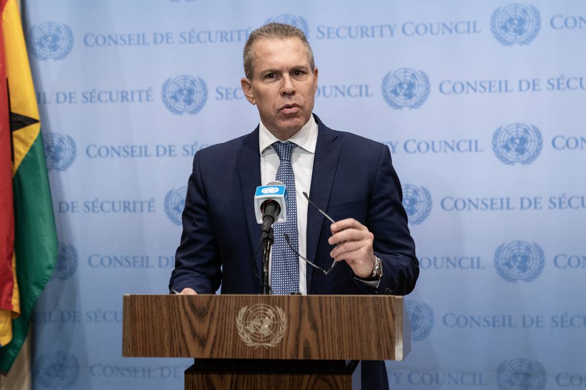 Ambassador of Israel Gilad Erdan speaks to the press ahead of the Security Council meeting on the situation in the Middle East at UN Headquarters. [Photo by Lev Radin/Pacific Press/LightRocket via Getty Images]