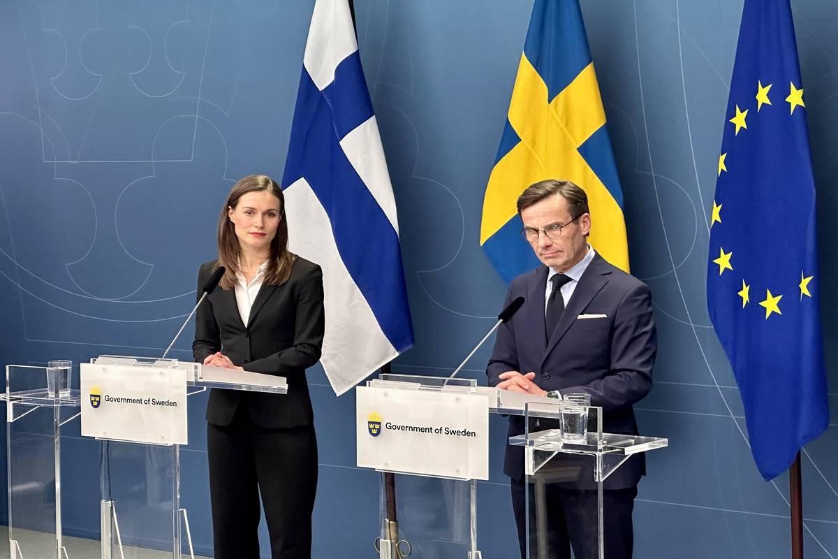 Finnish Prime Minister Sanna Marin (L) and Swedish Prime Minister Ulf Kristersson (R) give a joint press conference in Stockholm, Sweden on February 2, 2023. [Atila Altuntaş - Anadolu Agency]