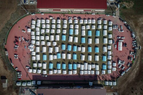 An aerial view of the tent city set up by the coordination of Disaster and Emergency Management Authority (AFAD) of Turkiye after 7.7 and 7.6 magnitude earthquakes hit multiple provinces of Turkiye including Adiyaman, Turkiye on February 09, 2023. [ Ozkan Bilgin - Anadolu Agency]