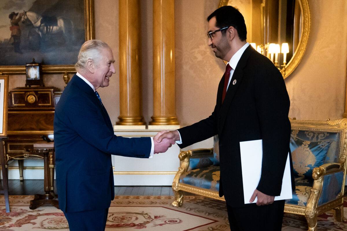 King Charles III receives Dr Sultan Al Jaber, UAE COP28 President and United Arab Emirates' Special Envoy for Climate Change, during an audience at Buckingham Palace on February 16, 2023 in London, England [Aaron Chown/Pool/Getty Images]