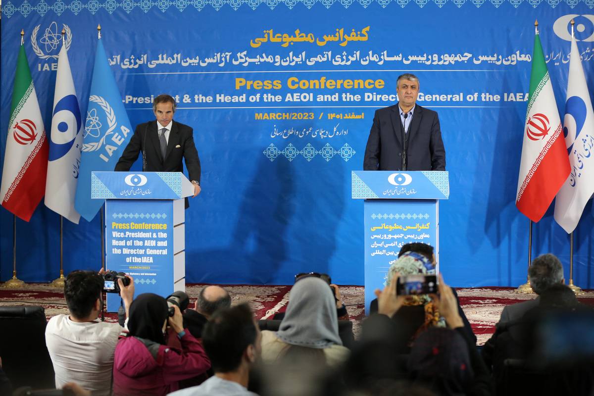 Director General of International Atomic Energy Agency (IAEA) Rafael Mariano Grossi and head of Atomic Energy Organization of Iran (AEOI) Mohammad Eslami hold a joint news conference after their meeting in Tehran, Iran on March 04, 2023. [Fatemeh Bahrami - Anadolu Agency]