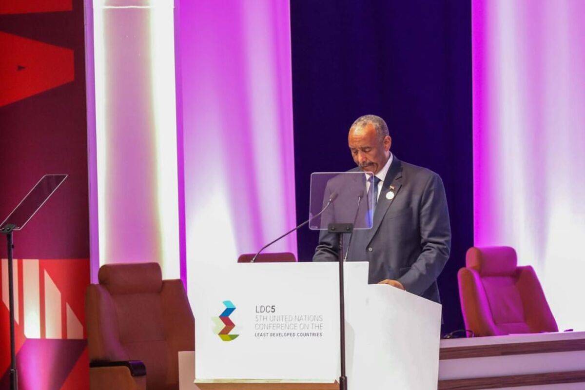 Chairman of the Transitional Sovereignty Council, Abdel Fattah al-Burhan speaks at 5th UN Conference on least developed countries in Doha, Qatar on March 04, 2023 [SUDAN SOVEREIGNTY COUNCIL/Anadolu Agency]
