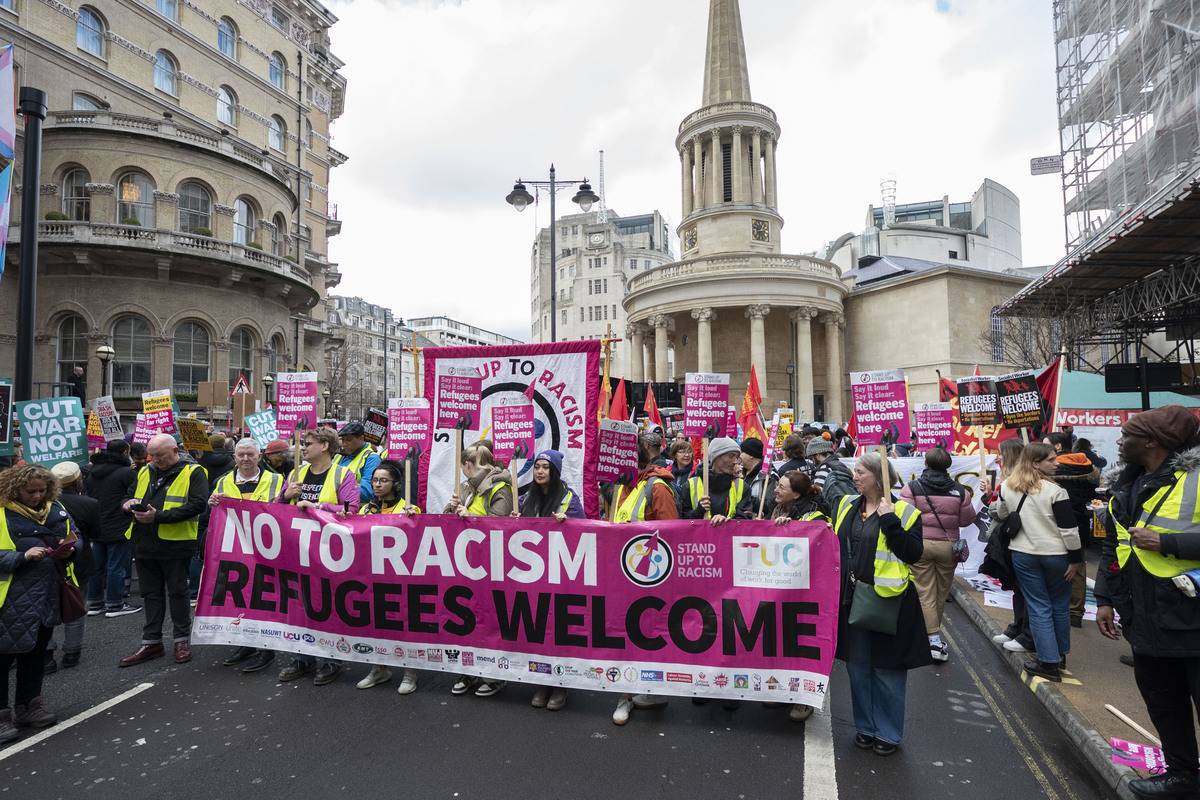 People gather at Portland Place during a protest against 'anti-refugee bill', in London, United Kingdom on March 18, 2023 [Raşid Necati Aslım - Anadolu Agency]