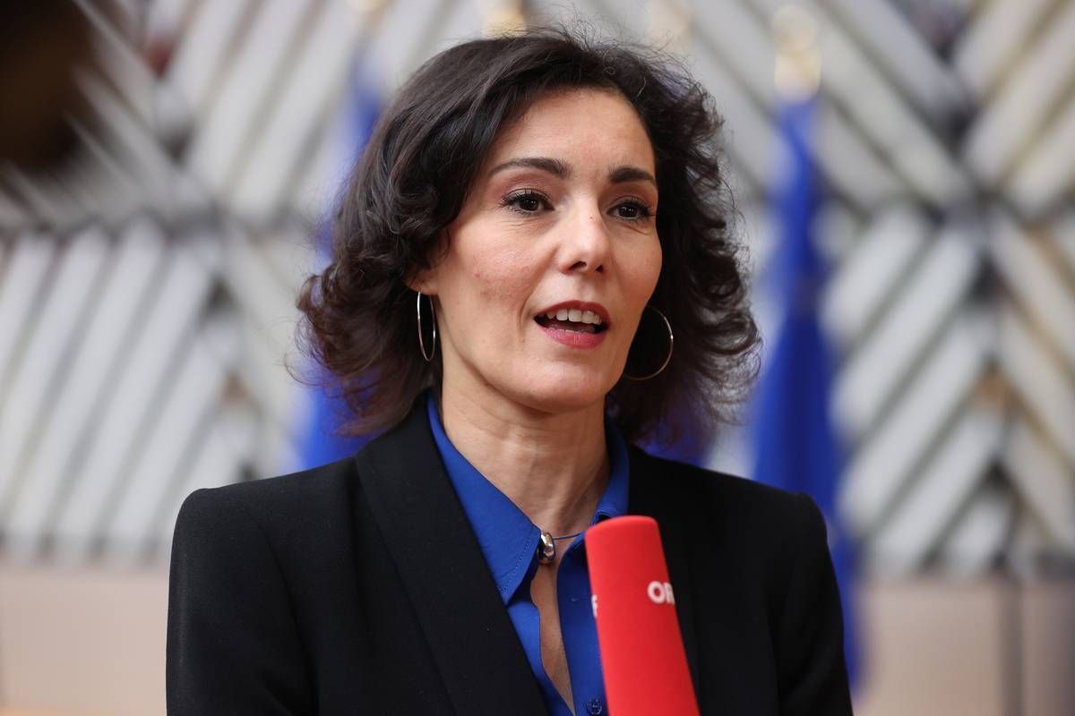 Foreign Minister of Belgium Hadja Lahbib speaks to the press during a meeting of EU Foreign Ministers at the EU Council headquarter in Brussels, Belgium on March 20, 2023 [Dursun Aydemir - Anadolu Agency]