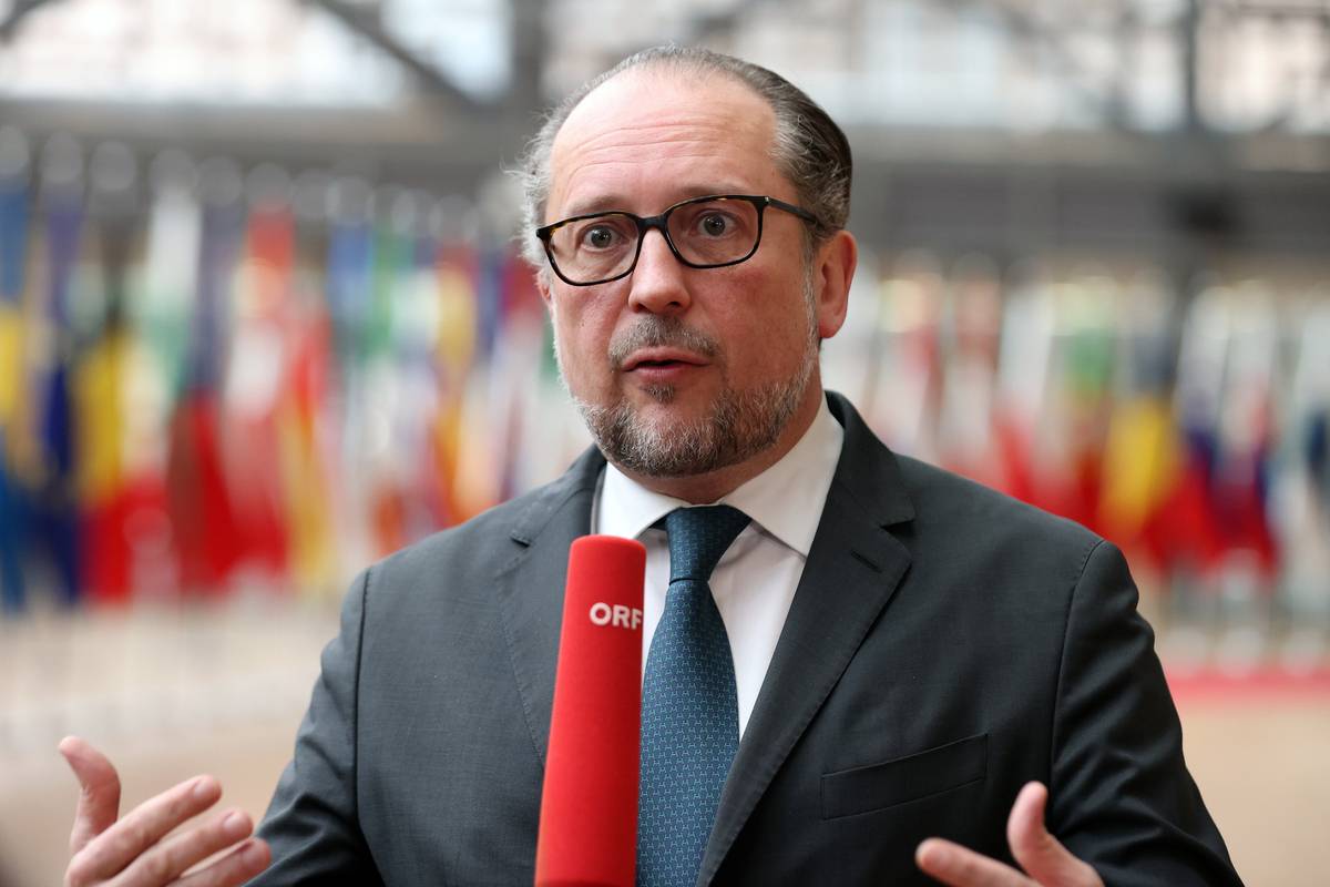 Foreign Minister of Austria Alexander Schallenberg speaks to the press during a meeting of EU Foreign Ministers at the EU Council headquarter in Brussels, Belgium on 20 March 2023 [Dursun Aydemir - Anadolu Agency]