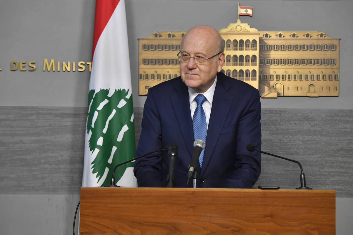 Prime Minister of Lebanon Najib Mikati speaks during a press conference on shifting summer time at the Grand Serail in Beirut, Lebanon on March 27, 2023 [Hussam Shbaro/Anadolu Agency]