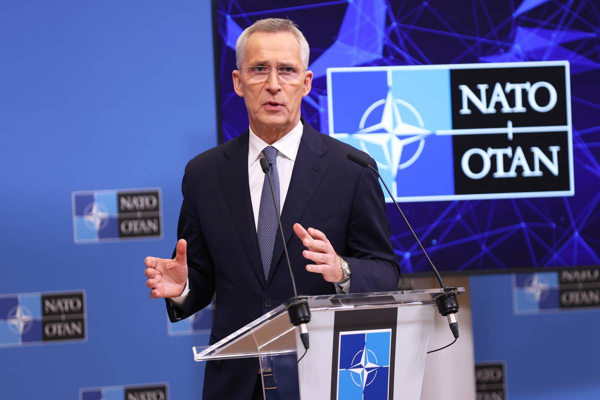 NATO Secretary General Jens Stoltenberg holds a press conference prior to the meeting of NATO Ministers of Foreign Affairs on Apr.04-05, in Brussels, Belgium on April 03, 2023 [Dursun Aydemir - Anadolu Agency]