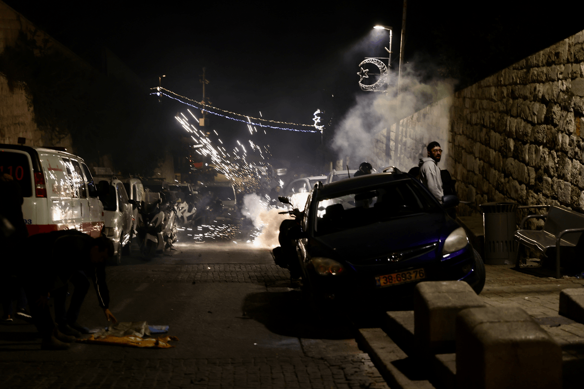 Palestinians perform morning prayers by the Al-Asbat Gate as Israeli police again raided the Al-Aqsa Mosque complex in East Jerusalem early Sunday in Jerusalem on April 05, 2023 [Mostafa Alkharouf / Anadolu Agency]