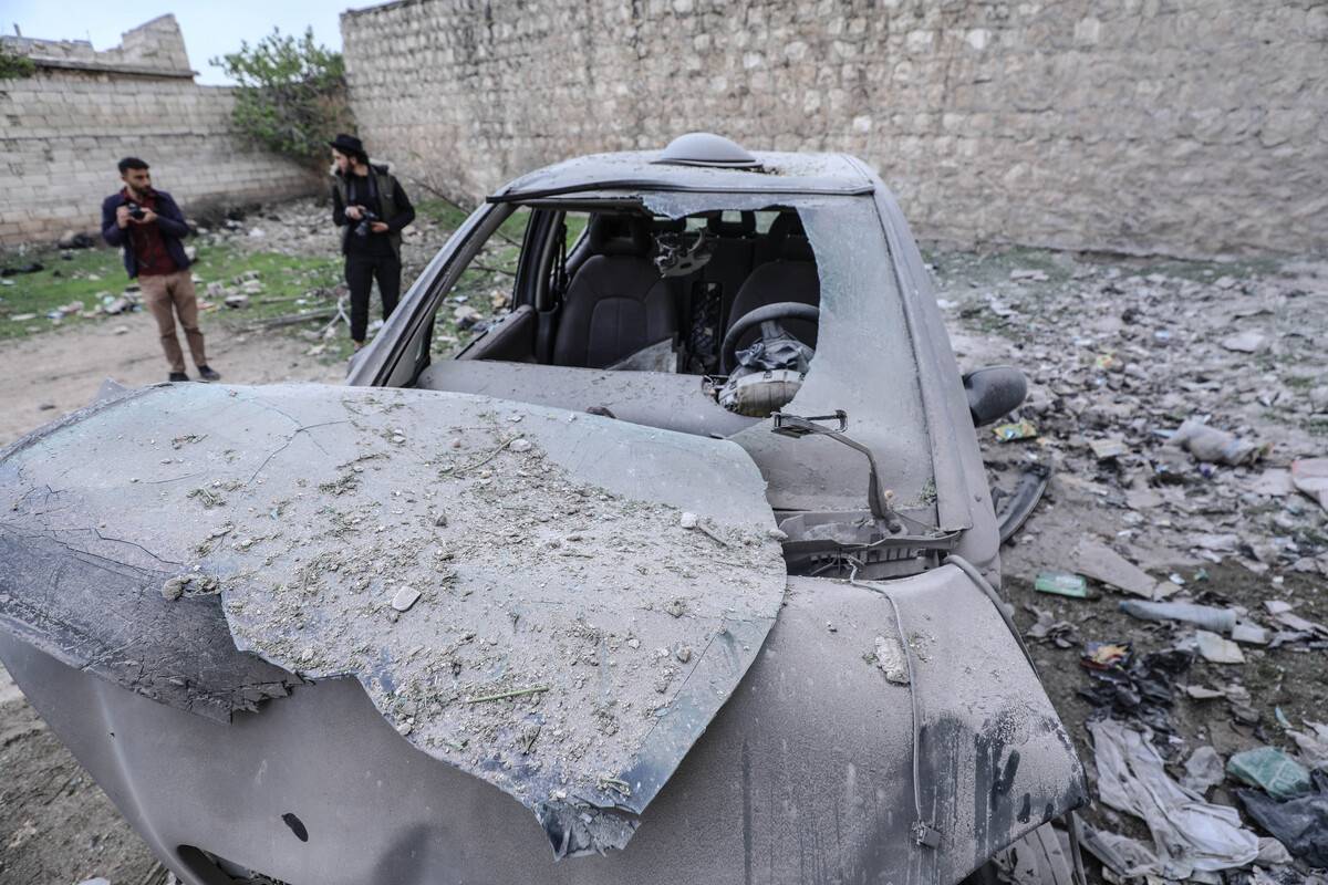 A view of the damaged car after Bashar al-Assad regime forces attack in Sermin district of Idlib, Syria on April 09, 2023 [İzzeddin Kasim/Anadolu Agency]