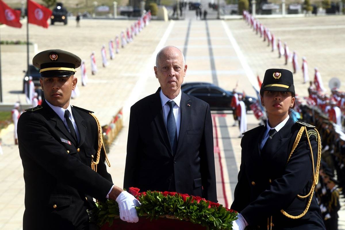President of Tunisia, Kais Saied (C) attends the Martyrs' Day commemoration at the Sijoumi district in Tunis, Tunisia on April 09, 2023 [Tunisian Presidency - Anadolu Agency]